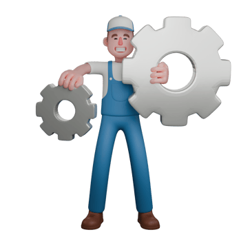 Professional Male in 3D - Mechanic. A mechanic is standing with his left hand carrying a large gear while his right hand carries a small gear. Cartoon png
