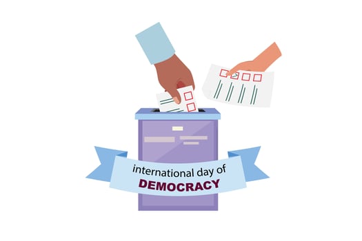 Hands inserting vote papers into a box, ribbon with text International Day of Democracy vector