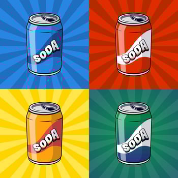 Four Colorful Soda Cans on a Pop Art Background vector