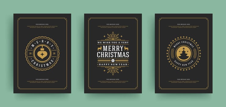 Christmas greeting cards set design template with decoration labels illustration. vector