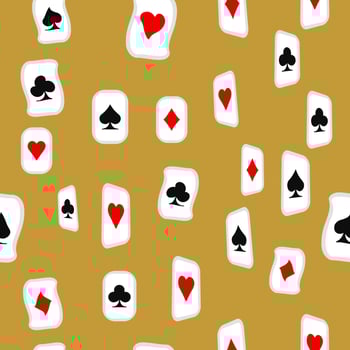 Red, black, golden suits of playing cards seamless pattern. Spades, crosses, diamonds, heart vector