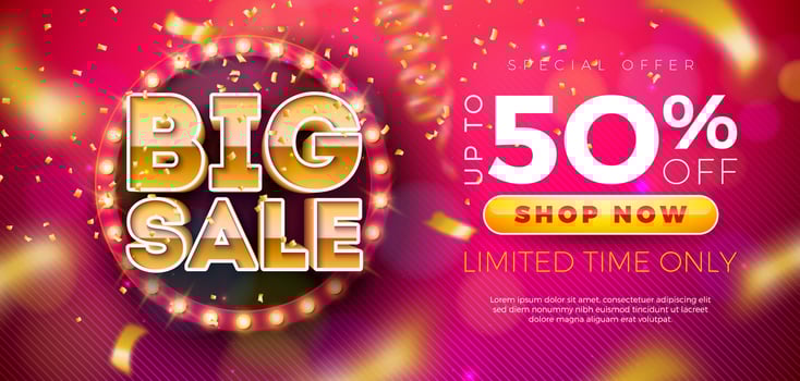 Shopping Day Sale Banner Design with Stage Podium and Light Bulb Billboard on Falling Confetti Background. Special Offer Campaign Discount Illustration for Coupon, Voucher, Banner, Flyer vector