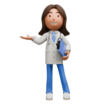 A 3D cartoon woman doctor with long brown hair, wearing a white coat and blue scrubs, holding a clipboard and gesturing with an open hand. png