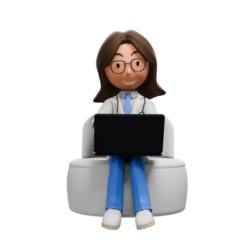 A 3D cartoon woman doctor wearing glasses, a white coat, and blue scrubs, sitting on a couch with a laptop, working and smiling. png