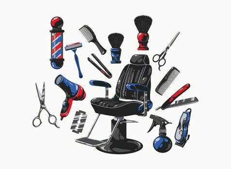 collection of barbeshop tools and accessories in illustration. Illustration set for barbershop tools vector