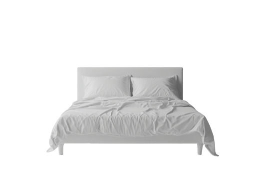 Modern double bed with pillows and blankets in gray color. Bedroom furniture png