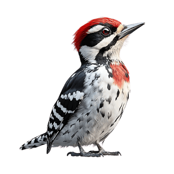 A Red-Crested Woodpecker with a Transparent Background, Standing on a Branch,  Looking Up, with Black and White Feathers, Isolated on Black png