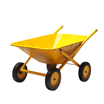 Yellow Wheelbarrow Isolated on Transparent Background, Garden Equipment for Moving Materials, Construction Tool, Heavy Duty, Four Wheeled, Durable, Utility Cart, Garden Supplies, Yard Work, DIY Project, Home Improvement,  Outdoor Work, Landscaping, Garden png