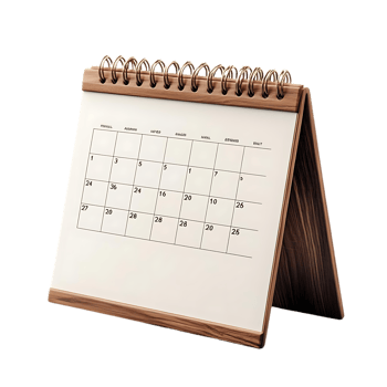 Desktop Calendar with Transparent Background, Wooden Stand and Spiral Binding, Perfect for Organization png
