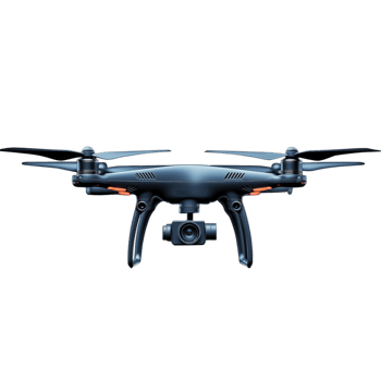 A black and orange drone with a camera on top png