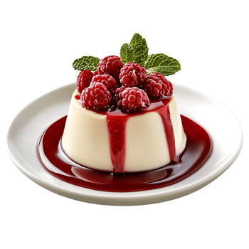 Delicious Creamy Panna Cotta Topped with Fresh Raspberries and a Raspberry Sauce, a Sweet and Refreshing Dessert with a Transparent Background png