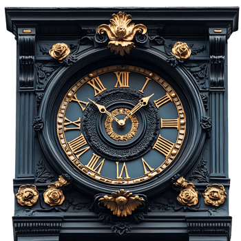 Ornate Clock Face with Roman Numerals and Gold Accents on a Black Background png