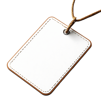 White Leather Tag with Brown Stitching and Rope Hanging - Transparent Background png