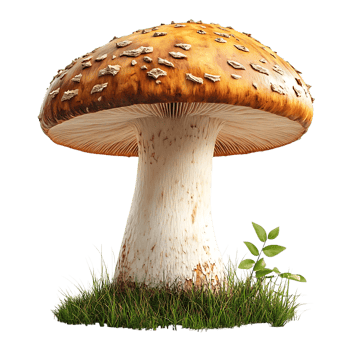 A Single Mushroom Stands Tall Against a Transparent Background,  With Green Grass and Leaves,  Showcase its Beauty and Delicate Details. png