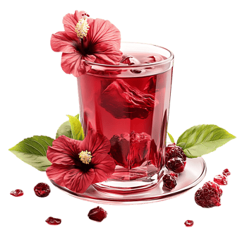 Hibiscus Tea with Transparent Background, Refreshing Red Drink with Dried Hibiscus Flowers and Raspberries png