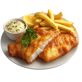 Crispy Fried Fish and Chips with Lemon and Tartar Sauce on a Transparent Background png