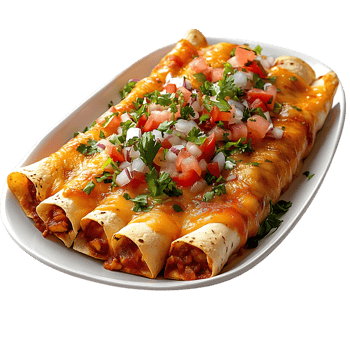 Delicious Cheesy Chicken Enchiladas Topped with Pico de Gallo, a Perfect Mexican Dish with a Transparent Background png