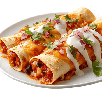 Delicious Chicken Enchiladas with Red Onion and Cilantro, Topped with Creamy Sour Cream, on a White Plate with a Transparent Background png