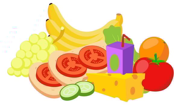 Healthy food. Banana, grape, tomato, juice, cucumber, whole wheat bread, orange, lettuce, cheese, fruit, vegetables, diet, proper nutrition, fat, protein, carbohydrates, lifestyle, healthcare, fitness vector