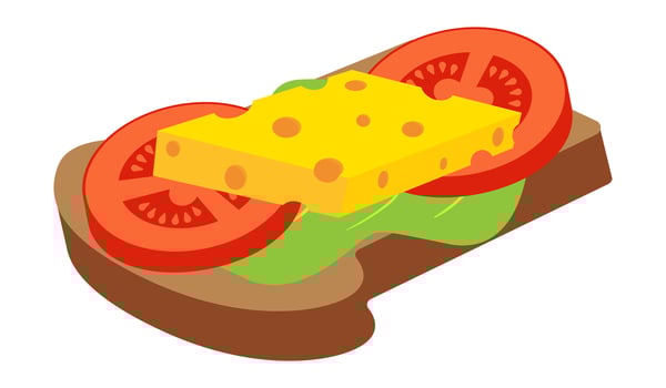 Sandwich with rye bread, lettuce, tomatoes and cheese. Healthy food, proper nutrition, healthcare, diet, lifestyle, fitness, weight loss or gain, vegetables, snack, proteins, fats, carbohydrates vector