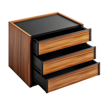Three Drawer Nightstand with Black Top and Wood Grain Finish, Opens for Storage, Perfect for Bedroom Decor png