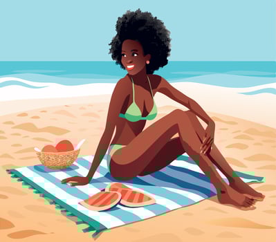 Young woman relaxing on the beach with watermelon vector