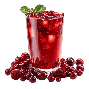 Cranberry Juice with Ice Cubes in a Glass, Surrounded by Cranberries on a Transparent Background png