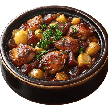 Chicken Stew with Potatoes and Onions in a Clay Pot with Transparent Background png