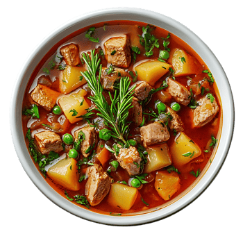 Hearty Beef Stew with Potatoes, Peas, and Carrots in a Rich Broth, Garnished with Rosemary, on a Transparent Background png