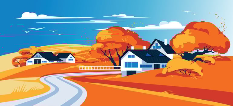 Houses in the autumn valley. Season flat illustration. Agriculture, harvest and field. vector