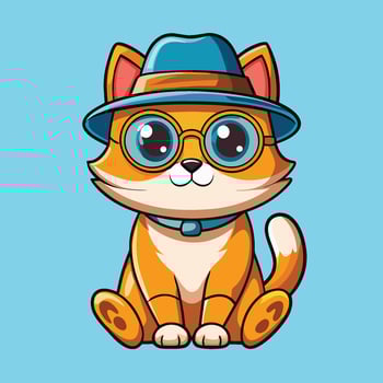 Adorable Cartoon Cat Adorned with Hat and Glasses vector