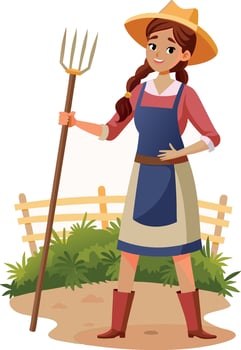 Female farmer is holding a pitchfork in her hand on a farm- vector