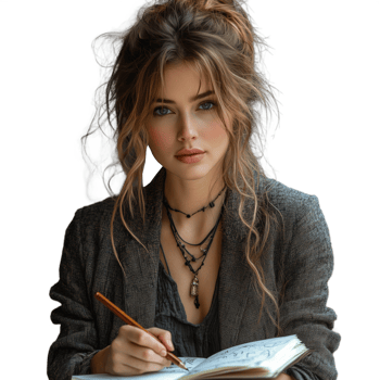 A woman with long brown hair is sitting at a table with a pencil and a notebook png