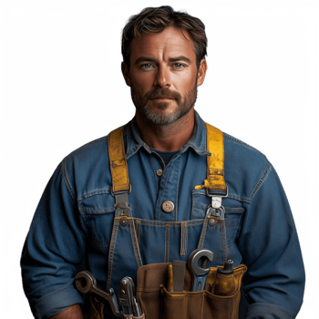 A man in a blue shirt and yellow suspenders is holding a wrench png