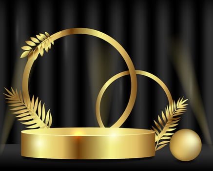 luxury golden round podium for product, pedestal with golden leaves on black floor against smooth satin black curtains. vector