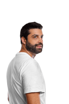 young brazilian model with beard and white tshirt on neutral background png