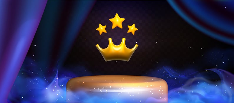 3d gold award. Crown with stars on the podium award with luxurious blue silk draperies for interior decoration. Blue Smoke background with neon particles on the a dark transparent background . vector
