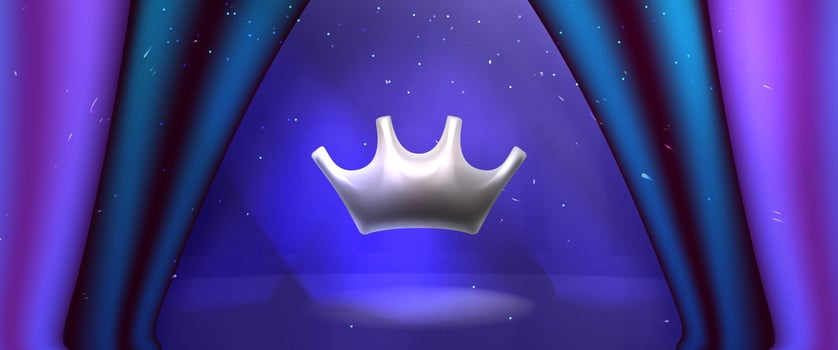 3d silver crown award scene with luxury curtains of blue color. Spotlight vector