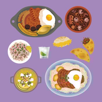 Beautiful illustration of iconic traditional South American dishes. Bandeja paisa feijoada arepa empanada ceviche caipirinha locro quiteno silpancho. Colorful lunch dinner foods. Flat colors vector