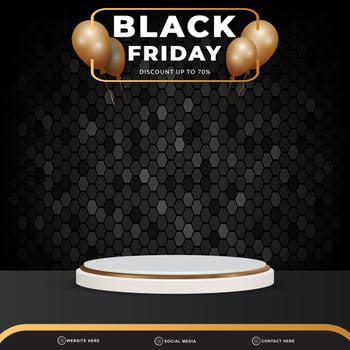 black friday discount sale special offer banner social media template post with blank space 3d podium for product with abstract gradient black background vector