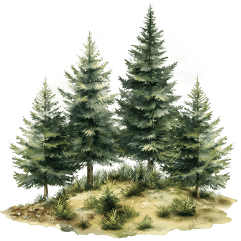 Pine trees and grass in watercolour style isolated on transparent background. png