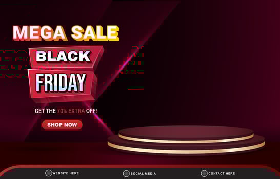 mega sale black friday sale discount template banner with blank space 3d podium for product sale with abstract gradient purple and red background vector