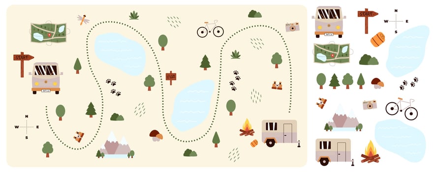 Camping and Hiking map creator and set flat elements for constructing childrens camp. Nature plan with mountains, lakes, car, trees and other objects for summer trip. illustration vector