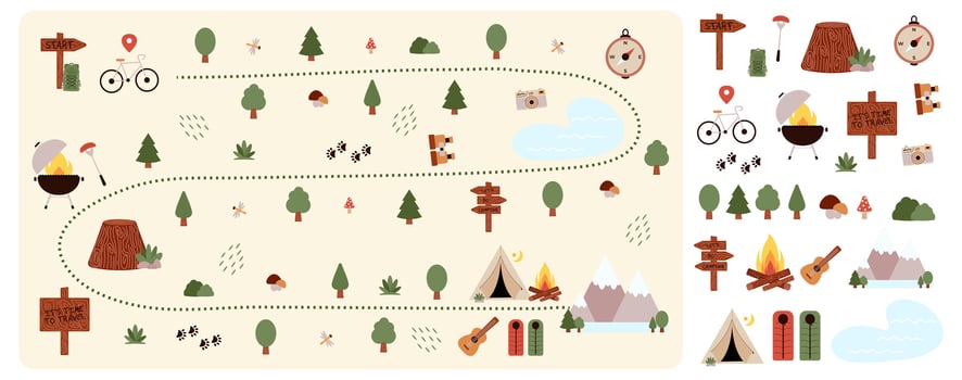 Camping and Hiking map creator and set flat elements for creating kids camp. Nature plan with mountains, bike, trees and other stickers for summer trip. illustration vector