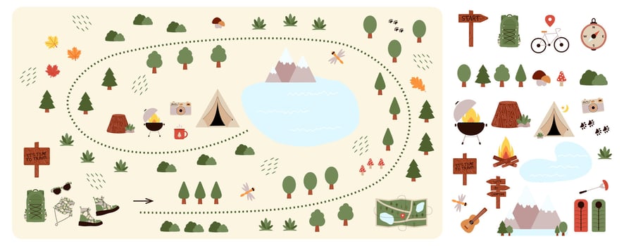 Camping and Hiking map creator and set flat elements for constructing kids camp. Nature plan with mountains, lake, trees and other icons for summer trip. illustration vector