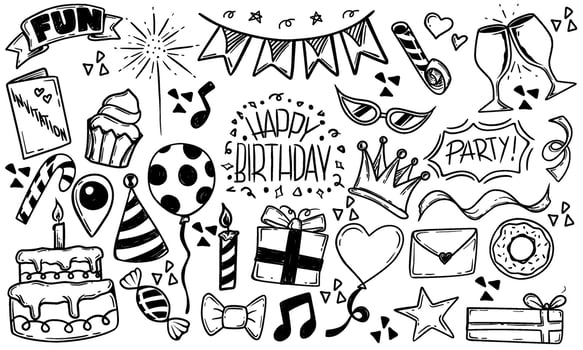 Hand drawn birthday doodle icon element. Scribble sketch doodle birthday cake, balloon, event decoration element. Party, carnival celebration. illustration vector
