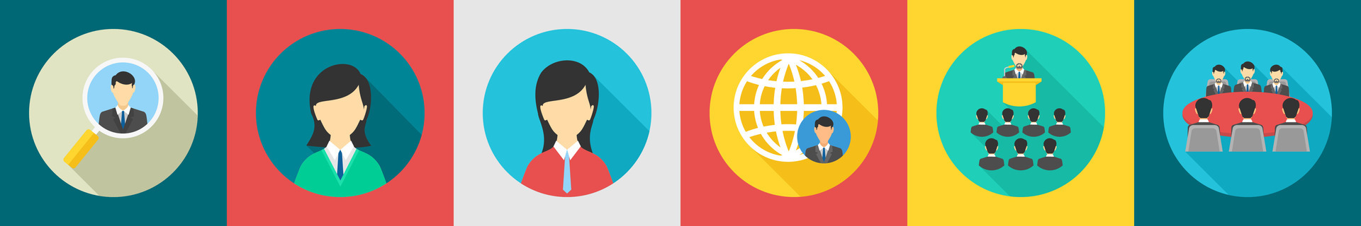 A set of 6 Business icons as search client, female employee, global business vector