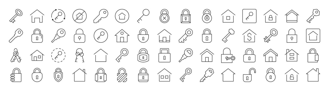 Real Estate Line Icon Pack. Modern Collection for Design, Web Sites, Apps, Cards. Contains Linear Images of House and Key vector
