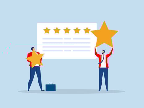 Customer Ratings and Survey Reviews businessman use pencil giving stars evaluation performance survey excellent 5 stars service flat design vector