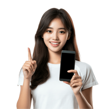 A young Asian woman points confidently while showcasing a smartphone, engaging with her audience, Attractive Young Asian woman pointing finger to mobile smartphone with transparent background png